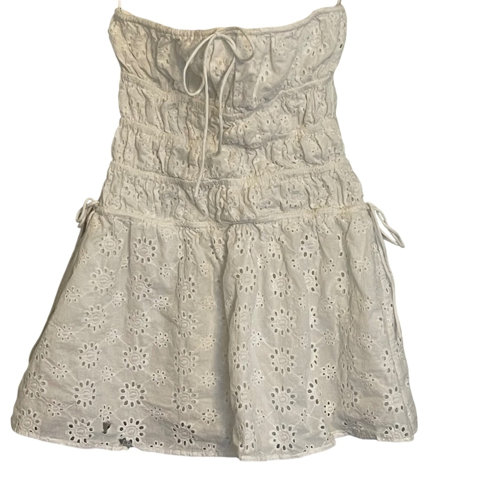 Sabo Skirt Womens White Eyelet Smocked Mini Dress Strapless Cotton Size L‎ 8